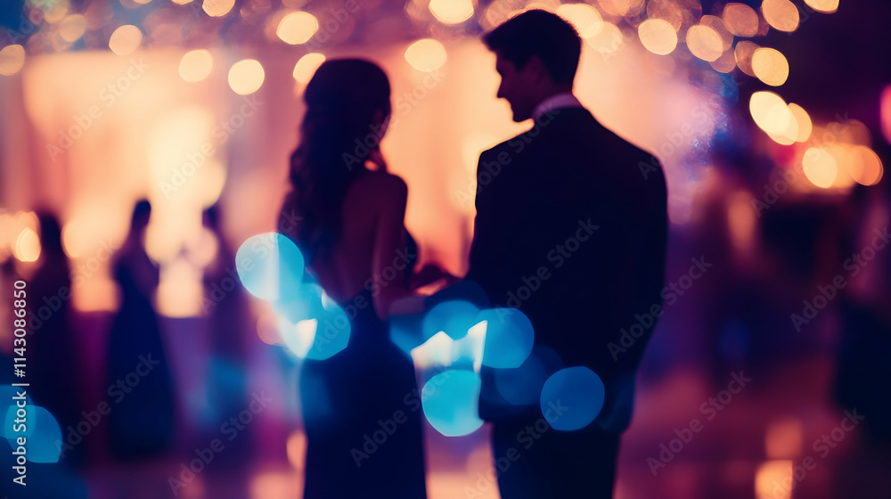 Aufkleber blurred background of an elegant evening event with guests dancing and socializing, creating a festi