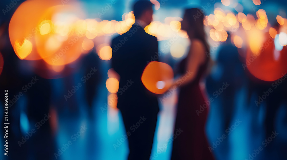 Poster blurred background of an elegant evening event with guests dancing and socializing, creating a festi