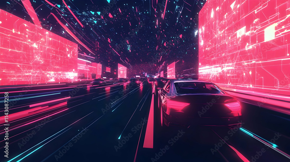Poster cars with ai technology driving on the highway, surrounded by digital and geometric patterns represe