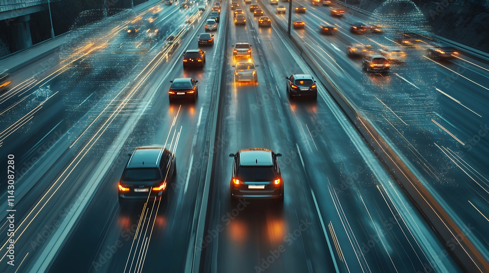 Poster cars with ai technology driving on the highway, surrounded by digital and geometric patterns represe