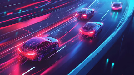 Cars with AI technology driving on the highway, surrounded by digital and geometric patterns representing data connections between vehicles  -