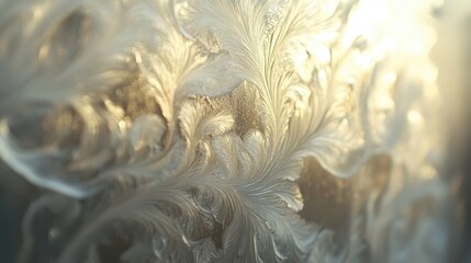 Delicate frost patterns covering a window, creating intricate designs that catch the morning light