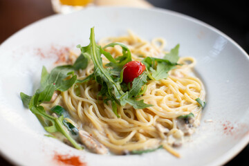 Creamy delicious pasta with salmon.