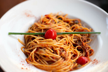 Delicious tomato paste. Bolognese pasta.