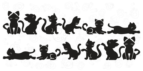 Cute kitty cat in different poses silhouette vector isolated on white background.