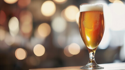 Glass of amber beer with foam on a bar counter, illuminated by warm bokeh lights. Condensation on the glass emphasizes the cold and refreshing nature of the drink