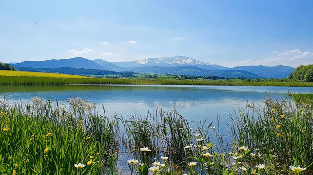 A serene mountain lake surrounded by lush green meadows and wildflowers, with a clear blue sky and distant snow-capped peaks reflecting on the water, creating a tranquil natural scene.