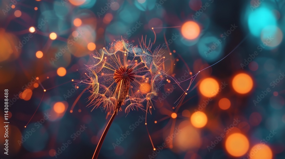 Poster a captivating digital rendering of a dandelion fused with a glowing network, combining nature and te