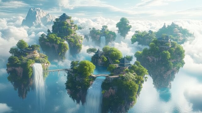 Dreamy landscape of floating islands connected by delicate bridges and waterfalls