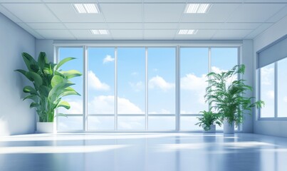 Fototapeta premium Bright modern office space with large windows and plants