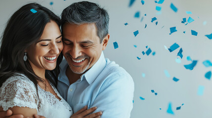 Expecting parents celebrating gender reveal moment, hugging and grinning with joy after learning baby's sex