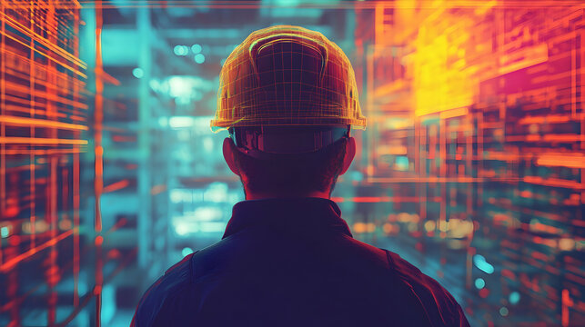 Construction concept. at back of the construction worker head which is wearing the safety helmet and checking work at the construction site. Non-existent person. Generative Ai  -