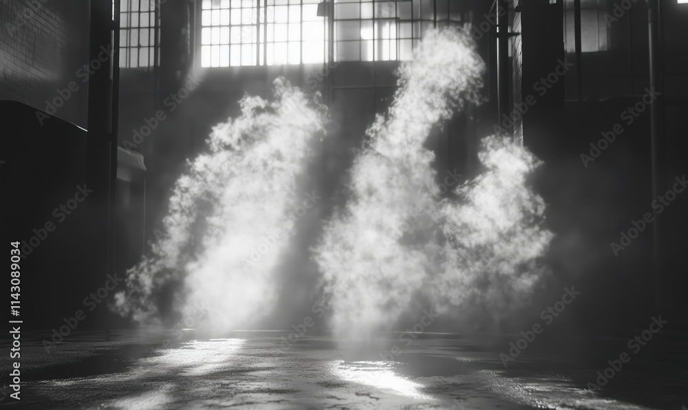 Poster mysterious fog in industrial space, soft light filtering through windows, creating ethereal atmosphe