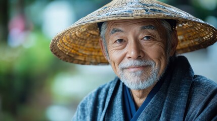 Fototapeta premium Elderly Japanese man with a traditional hat and a gentle expression.