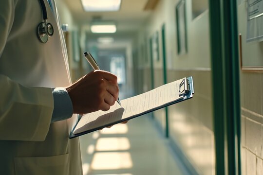 Hands of a young doctor of Middle Eastern descent, writing patient data on a clipboard while standing in a sterile hospital corridor with natural sunlight filtering in, close-up 1