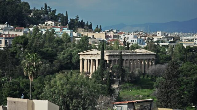 Aerial drone shot of iconic Temple of Hephaestus one of the most well preserved in Greece, Athens historic centre, Attica, Greece