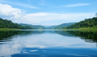Serene lake landscape with reflections, lush green hills, clear blue sky, tranquil water surface, natural beauty