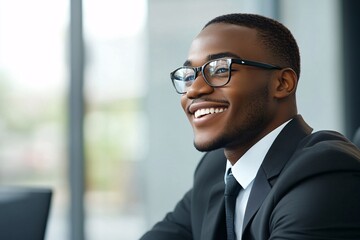 Fototapeta premium A young male manager, smiling, relaxed, profile view in a modern office, wearing a suit and glasses, bright light 3