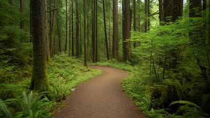 Obraz premium Hiking trail winding through verdant woodland, sunlight streaming between branches, casting soft, dappled shadows on mossy ground
