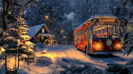 Obraz premium Festive Christmas Bus Arrives at Snowy Cabin Home