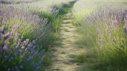Winding dirt path traversing lavender field in Provence, revealing serene summer landscape with purple flowers stretching toward distant horizon