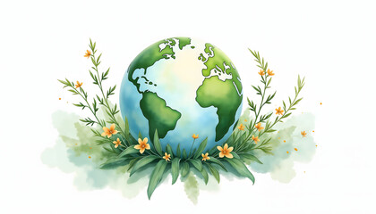 Watercolor illustration of the Earth surrounded by delicate plants and flowers, conveying hope and beauty, concept of save the Earth
