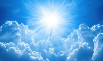 Bright sun shining through clouds, blue sky, radiant light beams, fluffy white clouds, serene atmosphere, uplifting scene