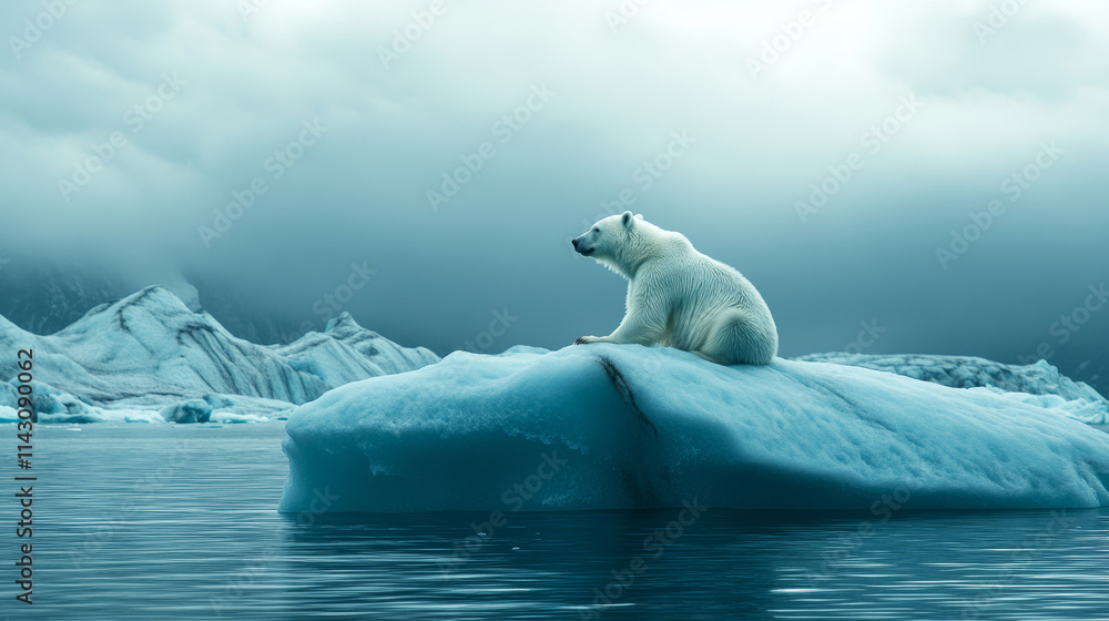 Wall mural polar bear resting on floating iceberg, representing arctic wildlife vulnerability amid changing env