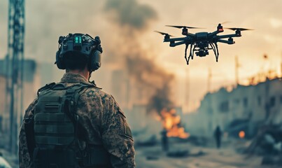 Military soldier observing drone in war zone, destruction in background, smoke rising, tactical gear, advanced technology