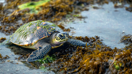 Hawksbill sea turtle resting comfortably in a shallow tide pool, surrounded by vibrant seaweed and playful small fish, embodying marine life