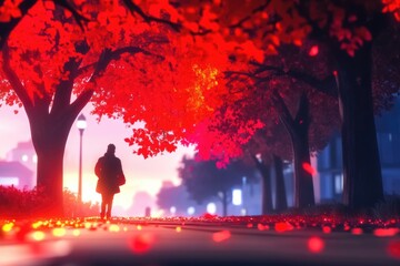 Naklejka premium A person is walking along a path lined with trees in vivid autumn colors, casting a cozy evening glow, celebrating the beauty of fall.