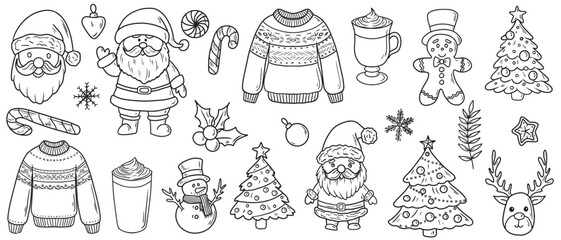 Merry Christmas decorations. Line art icons. Sweater, Santa Claus, hot drink, snowman, reindeer, gingerbread cookie, snowflakes, winter decorations. Hand drawn vector sketch illustrations in vintage