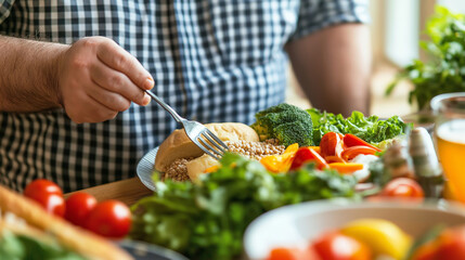 Overweight man enjoying a healthy balanced meal with whole grains, vegetables and lean protein, promoting a healthier lifestyle