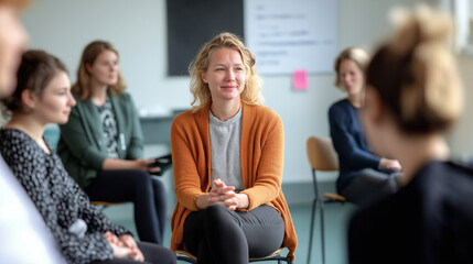 Corporate professionals seated at conference table, collaborating during professional development workshop
