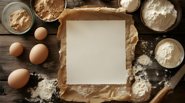 Fresh cooking ingredients surrounding a blank recipe book on a rustic wooden table, providing copy space  -