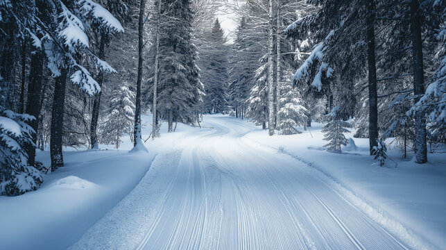Groomed cross-country ski trail winding through a snowy forest at twilight, inviting skiers to explore the winter wonderland