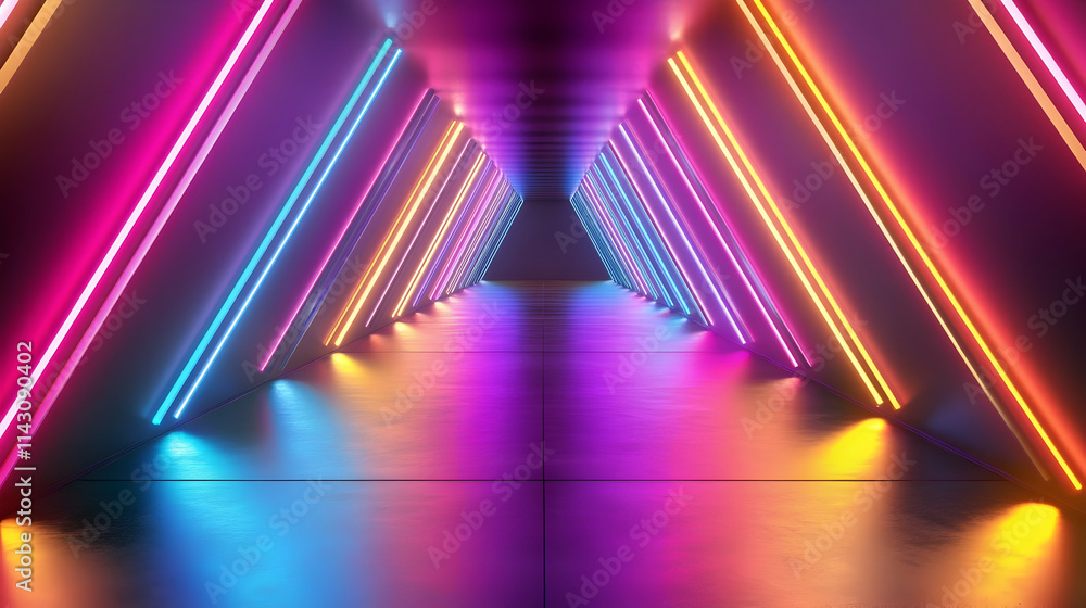 Poster futuristic corridor with neon triangular lights and glowing colorful laser lines creating a sci-fi a