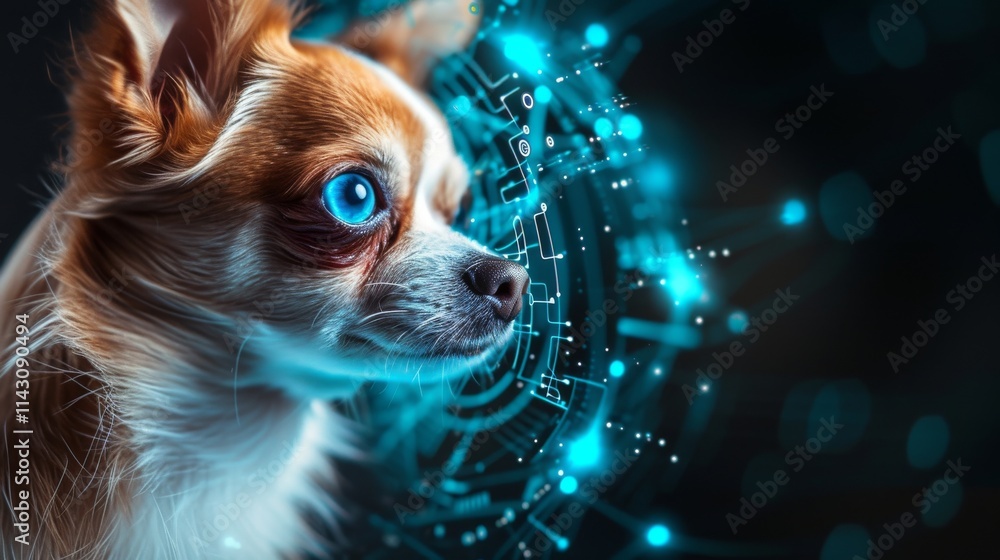 Aufkleber a chihuahua's side profile showcasing a glowing blue eye with intricate digital patterns, surrounded