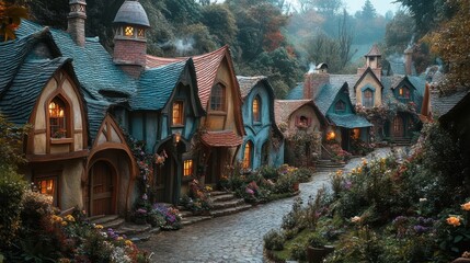 Fototapeta premium Fairy tale village nestled in lush hills, with whimsical houses and blooming gardens