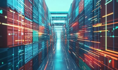 Futuristic shipping container corridor with digital effects, vibrant colors, and motion blur, showcasing technology in logistics and transportation.