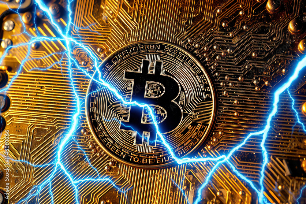 Poster bitcoin symbol on circuit board with electric blue lightning effects, representing digital currency 