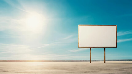 Weathered wooden billboard standing vacant within desolate parking area, backed by expansive blue sky and sunlit cloudscape