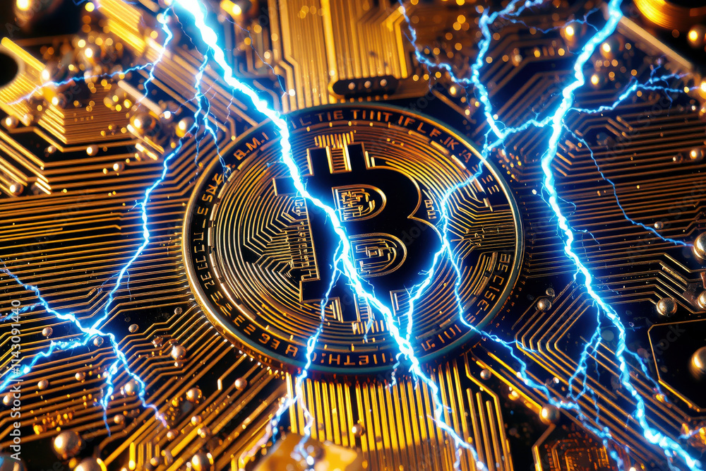 Poster glowing bitcoin symbol on circuit board with electric sparks, representing digital currency and bloc