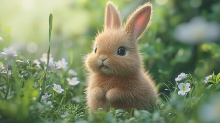 Adorable fluffy bunny rabbit sitting in a field of flowers.