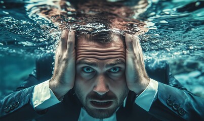 Man submerged underwater, distressed expression, formal attire, hands on head, water surface reflections, intense emotion, dramatic lighting