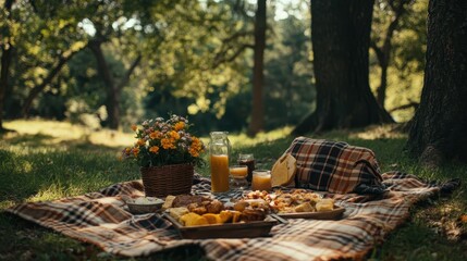 Obraz premium Cozy family picnic setup in a park, featuring a picnic blanket, food, and a heartfelt toast to fathers