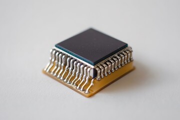 Close-up of microchip on white surface, tech detail highlighted.