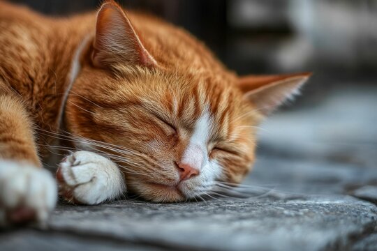 Orange tabby cat peacefully sleeping outdoors. - Powered by Adobe