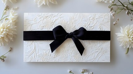 An elegant condolence card with chrysanthemums and a black ribbon