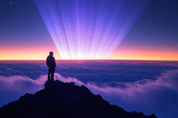 Fototapeta premium A lone figure standing on a mountain peak high above the clouds, gazing at the vast celestial sky filled with glowing blue and purple beams of light 4